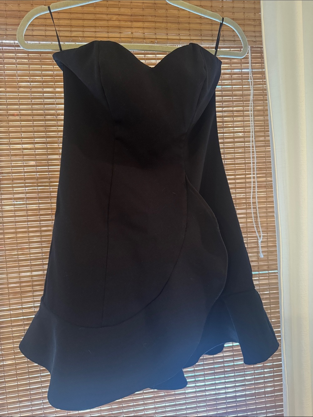 Express Strapless Black Peplum Mini Dress with Asymmetrical Ruffle